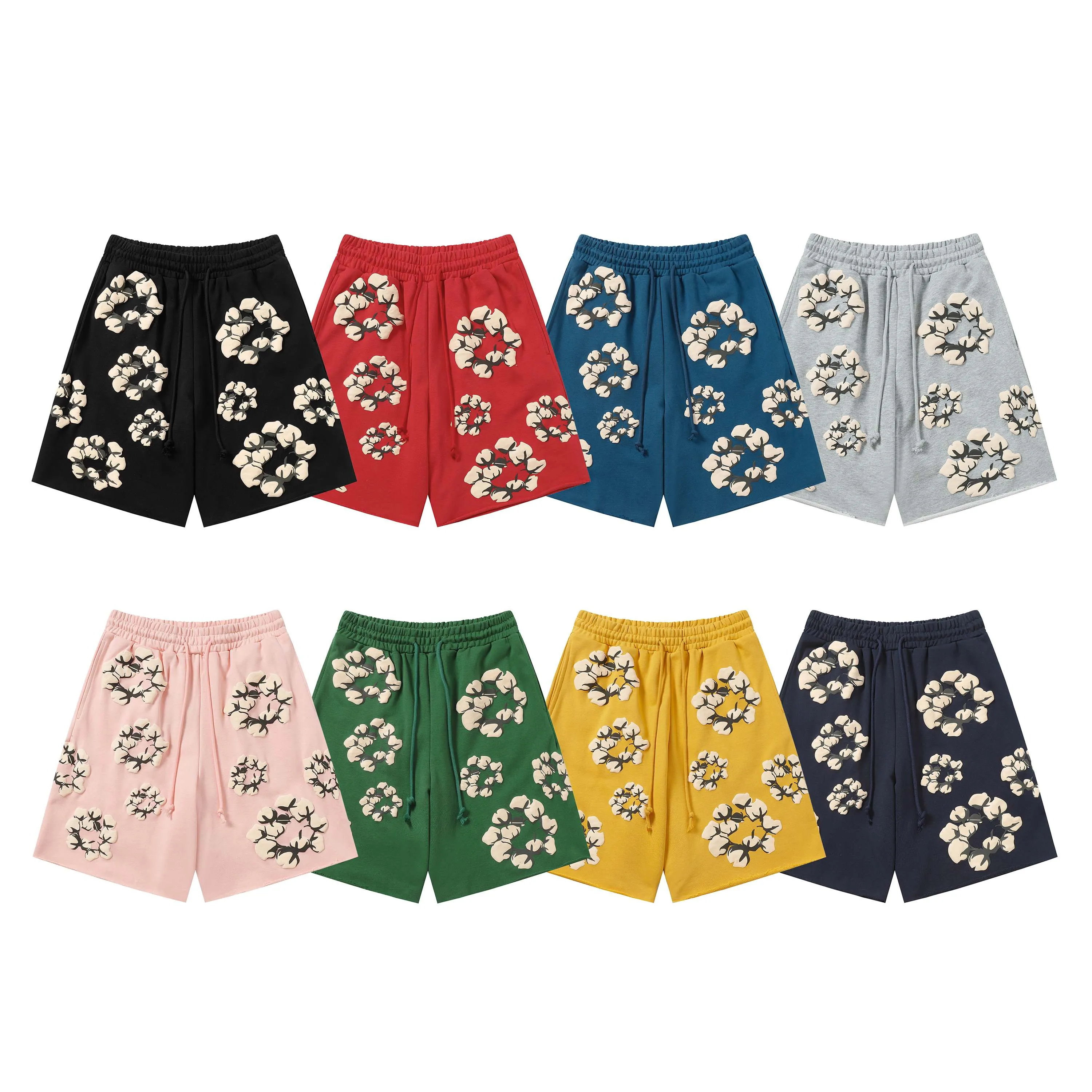 8201# 8 color set DENIM TEARS Kapok European and American trendy brand high quality foam flocking printed shorts Color Black Yellow Green Yellow Gray Royal Blue Pink Peacock Blue Size S-XL